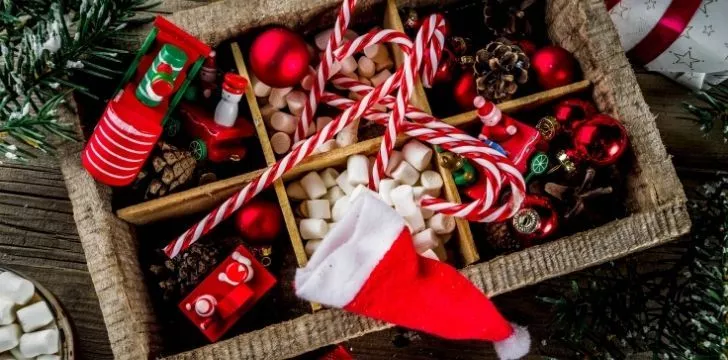 Traditional Christmas items like Christmas hat and candy canes and Christmas tree decorations