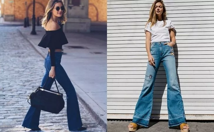 Two women rocking fabulous pairs of denim flares